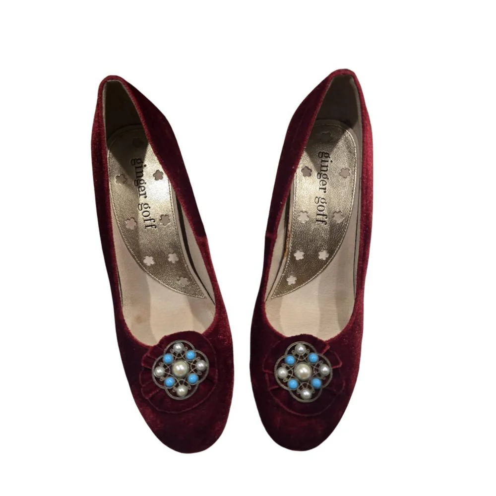 Ginger Goff Burgundy Velvet Heels with Turquoise Size 8.5